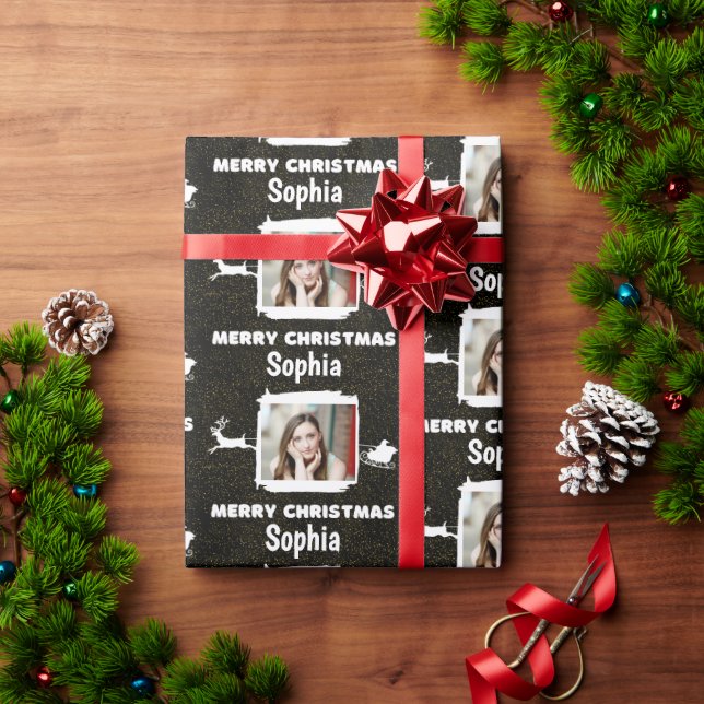 Papel De Regalo Negro y blanco moderno 1 foto Feliz Navidad (Regalo de vacaciones)