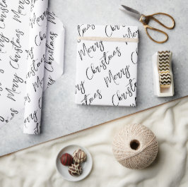 Papel De Regalo Negro y Blanco Moderno Script Feliz Navidad