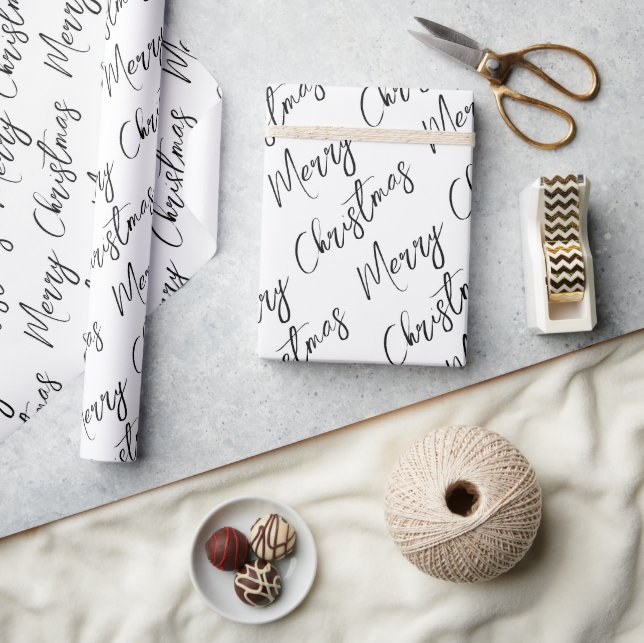 Papel De Regalo Negro y Blanco Moderno Script Feliz Navidad (Artesanía)