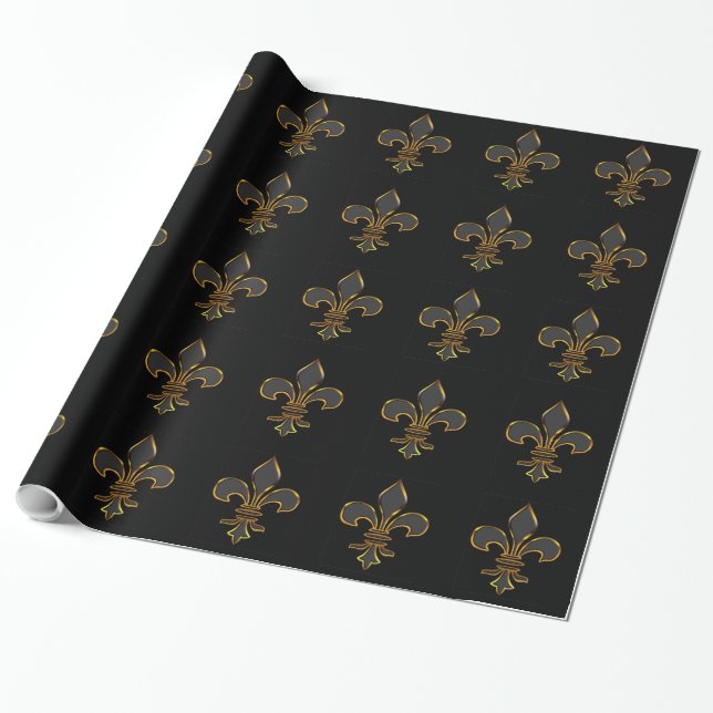 Papel De Regalo Negro y flor de lis del oro (Desenrollado)