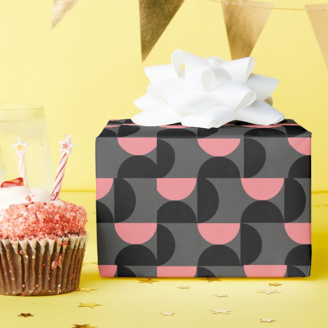 Papel De Regalo Negro y gris rosado moderno de mediados de siglo (Fiesta de cumpleaños )