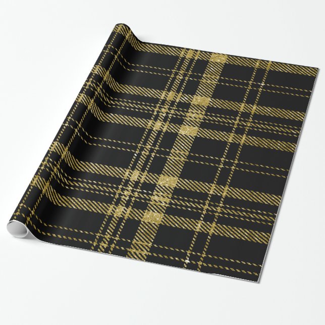 Papel De Regalo Negro y oro Plaid-07 (Desenrollado)