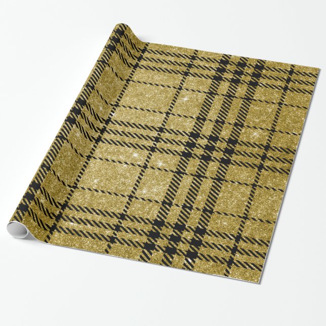 Papel De Regalo Negro y oro Plaid-13 (Desenrollado)