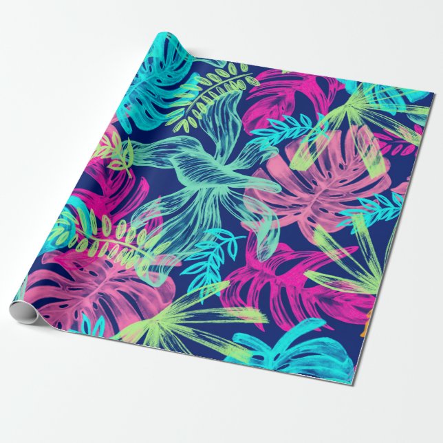 Papel De Regalo Neon, acuarela tropical, deja obras de arte | (Desenrollado)