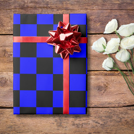 Papel De Regalo Neon Blue y Black Checkered Checkerboard Vintage