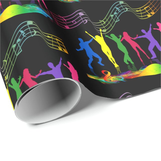 Papel De Regalo Neon Dance Fiesta Music People On Black (Esquina del rollo)
