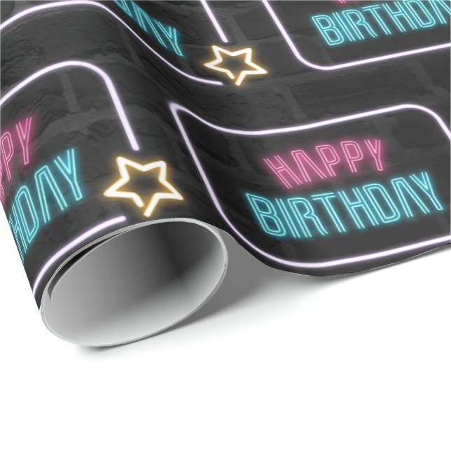 Papel De Regalo Neon Happy Birthday Marquee On Brick (Esquina del rollo)
