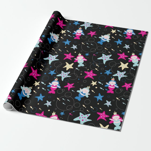 Papel De Regalo NEON Mermaid Sea Life Fish Starfish Fiesta de cump (Desenrollado)