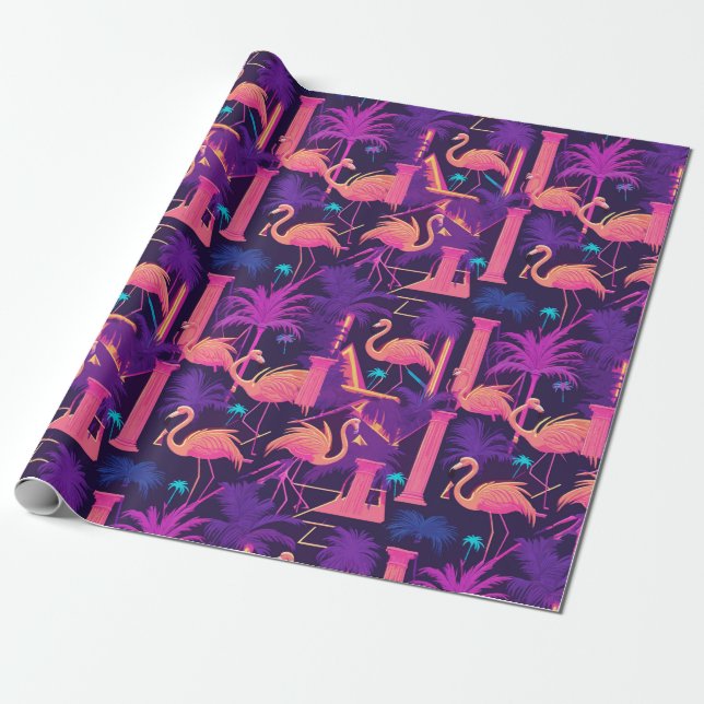 Papel De Regalo Neon Pink Flamingo Palm Trees Vaporwave Estético (Desenrollado)