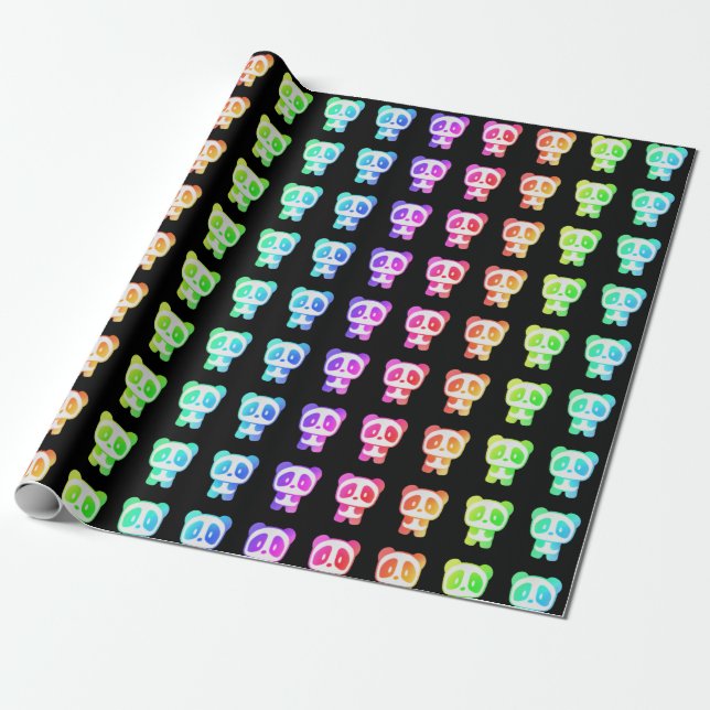 Papel De Regalo Neon Rainbow Pandas (Desenrollado)