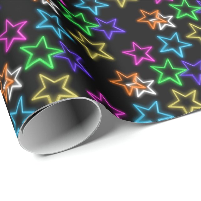 Papel De Regalo Neon Stars On Black (Esquina del rollo)