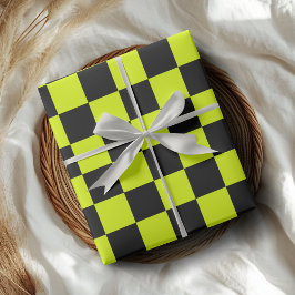 Papel De Regalo Neon Yellow Black Checkered Checkerboard Vintage
