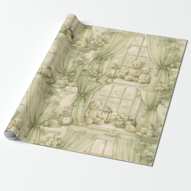 Papel De Regalo Neutral Nursery Teddy Bear Room Beige Pattern (2) (Desenrollado)