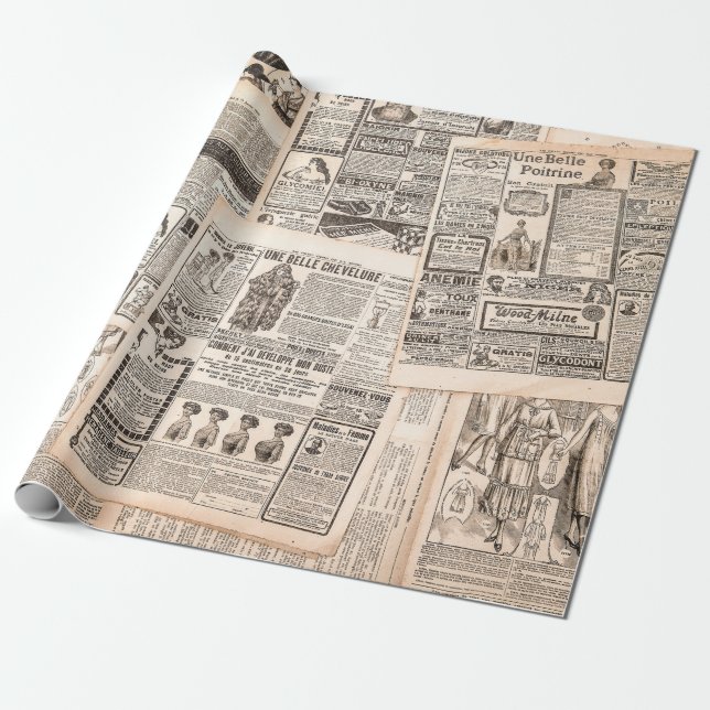 Papel De Regalo Newspaper pages with antique advertising. Woman's  (Desenrollado)