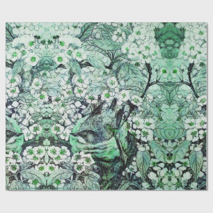 PAPEL DE REGALO NIDO DE AVES, ÁRBOL, FLORES BLANCOS VERDES