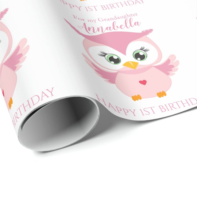 Papel De Regalo Nieta Primer Cumpleaños Búho Rosa Lindo (Esquina del rollo)
