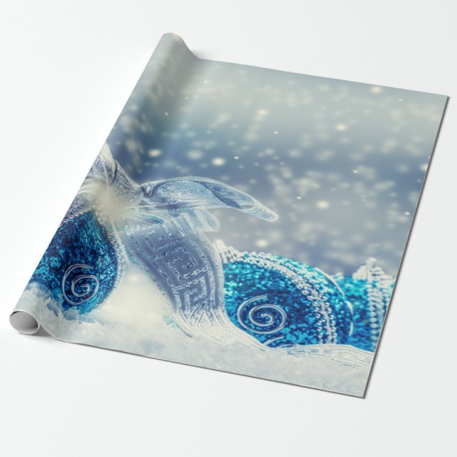 Papel De Regalo Nieve de bolas de Navidad azul (Desenrollado)