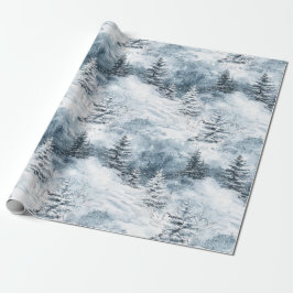 Papel De Regalo Nieve de invierno de árboles blancos azules de Nav
