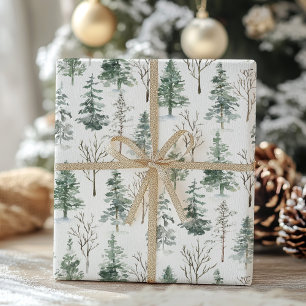 Papel De Regalo Nieve forestal acuarela de pinos rústicos de invie