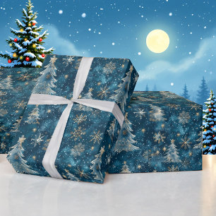 Papel De Regalo Nieve por la noche Árboles de Navidad acuarela de