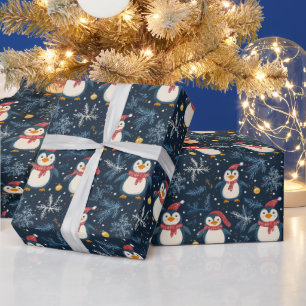 Papel De Regalo Nieve y pingüinos azul invierno
