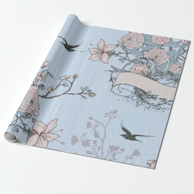 Papel De Regalo Nieves rosadas de estilo asiático y Rosas sobre az (Desenrollado)