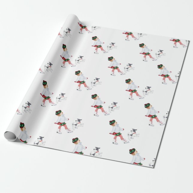 Papel De Regalo Niña adorable patinando en hielo y perro (Desenrollado)