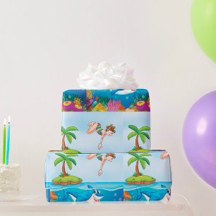 Papel De Regalo Niña buceando en el arrecife de coral de tiburón a