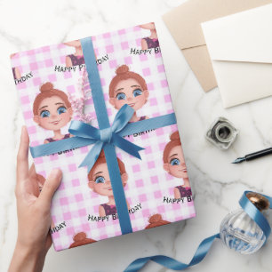 Papel De Regalo Niña de cumpleaños de dibujos animados con ojos gr