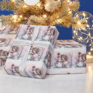 Papel De Regalo Niña de Navidad abrazando a un muñeco de nieve