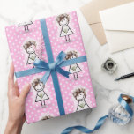 Papel De Regalo Niña de novias en zapatillas de polka<br><div class="desc">Chica de palos en zapatillas de deporte,  velo de novia blanco,  vestido de encaje,  pelo,  collar de perlas y un ramo de margarita para una ducha de novia. El fondo es un patrón de puntos polka blancos sobre rosa.</div>