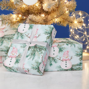 Papel De Regalo Niña del muñeco de nieve blanco rosa del árbol de
