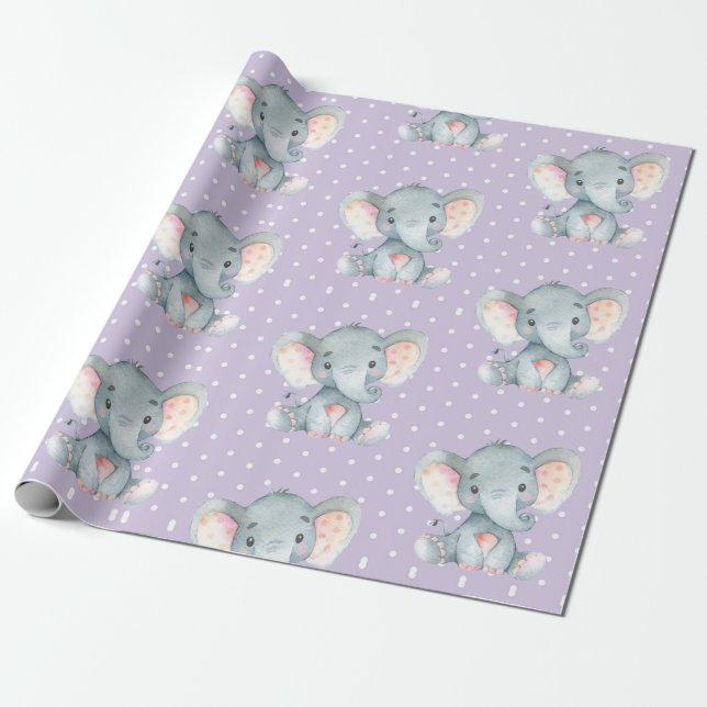 Papel De Regalo Niña elefante morada y gris (Desenrollado)