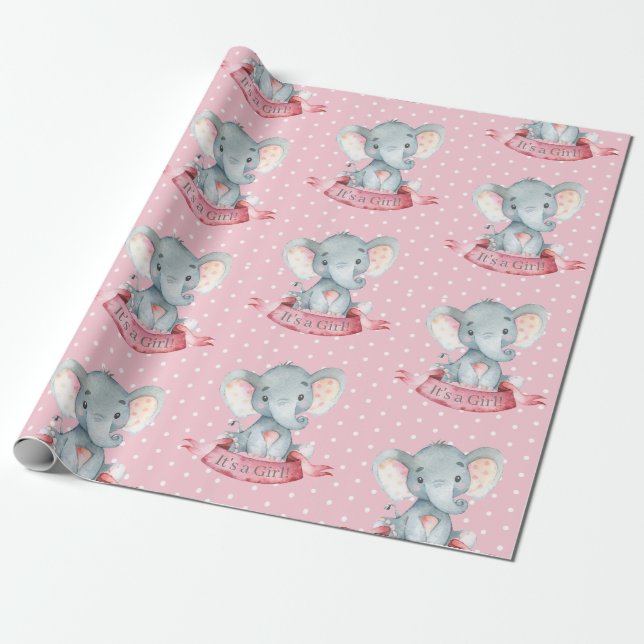 Papel De Regalo Niña elefante rosada y gris (Desenrollado)