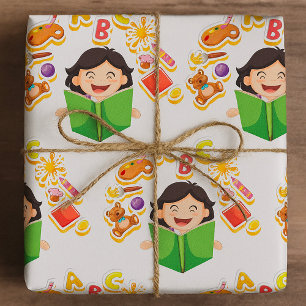 Papel De Regalo Niña leyendo aprendiendo letras ABC y juguetes