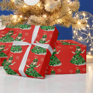 Papel De Regalo Niña linda del árbol de Navidad retro vintage