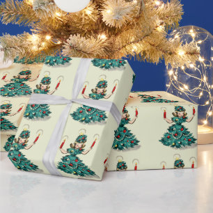 Papel De Regalo Niña linda del árbol de Navidad vintage retro