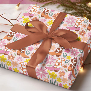 Papel De Regalo Niña Occidental Boots Patrón Rosa Floral