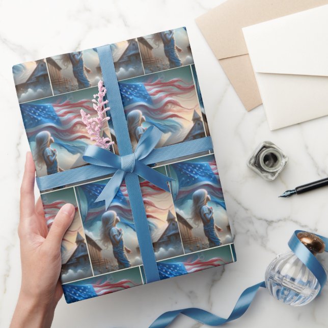 Papel De Regalo Niña pequeña con bandera estadounidense (Regalar)