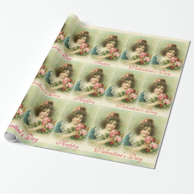 Papel De Regalo Niña pequeña con rosas rosadas, El día de San Vale (Desenrollado)