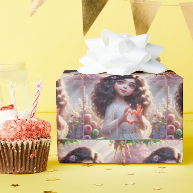 Papel De Regalo Niña Pequeña Con Rótulo De Corazón (Fiesta de cumpleaños )