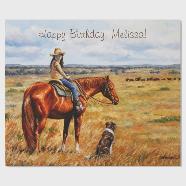 Papel De Regalo Niña pequeña en caballo de ganado (Superficie plana)
