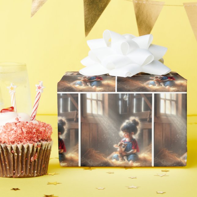 Papel De Regalo Niña Pequeña En El Barn Con Calf (Fiesta de cumpleaños )