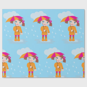 Papel De Regalo Niña Pequeña en Impermeable Naranja con Paraguas R
