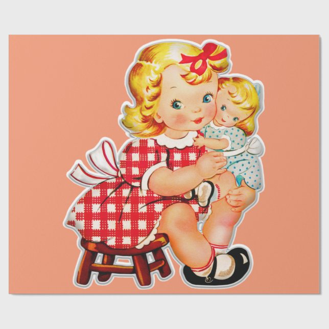 Papel De Regalo Niña retro vintage muñeca niña (Superficie plana)