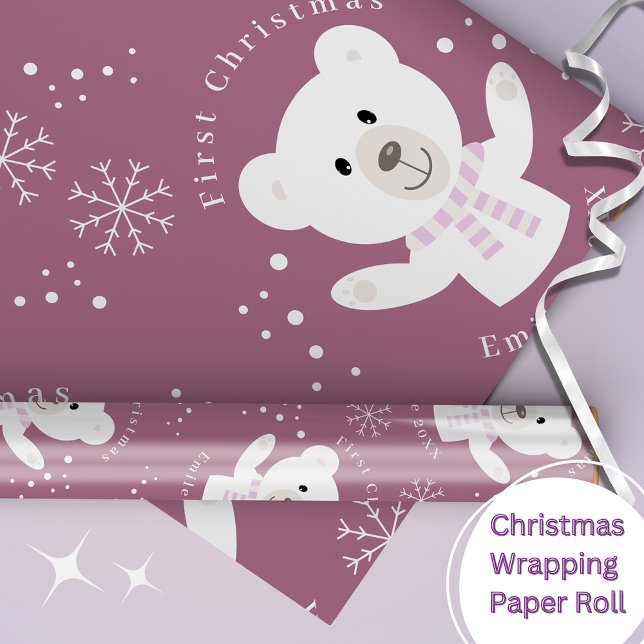 Papel De Regalo Niñas bebé primera Navidad oso polar rosa (Subido por el creador)