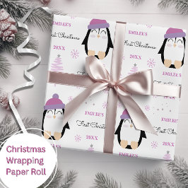 Papel De Regalo Niñas bebés primera Navidad Invierno Pingüino Rosa