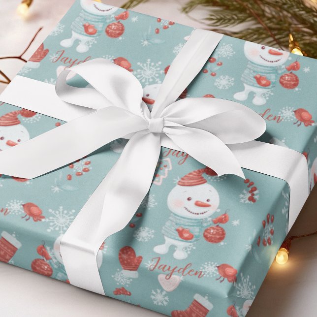 Papel De Regalo Niñas con un género masculino neutro nombran a niñ (Snowman Cute Gender Neutral Kids Name Personalized Wrapping Paper
)