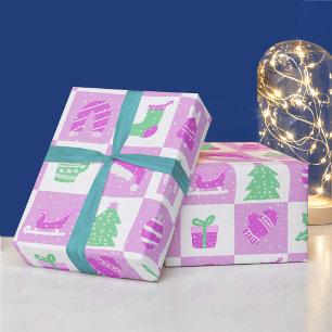 Papel De Regalo Niñas Dulces Rosadas Navideñas Cuadrícula de Nieve