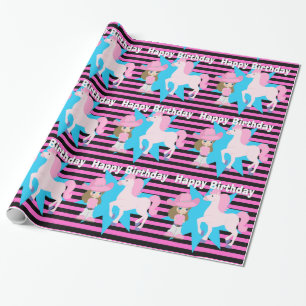 Papel De Regalo Niñita marrón pelo con caballo feliz cumpleaños